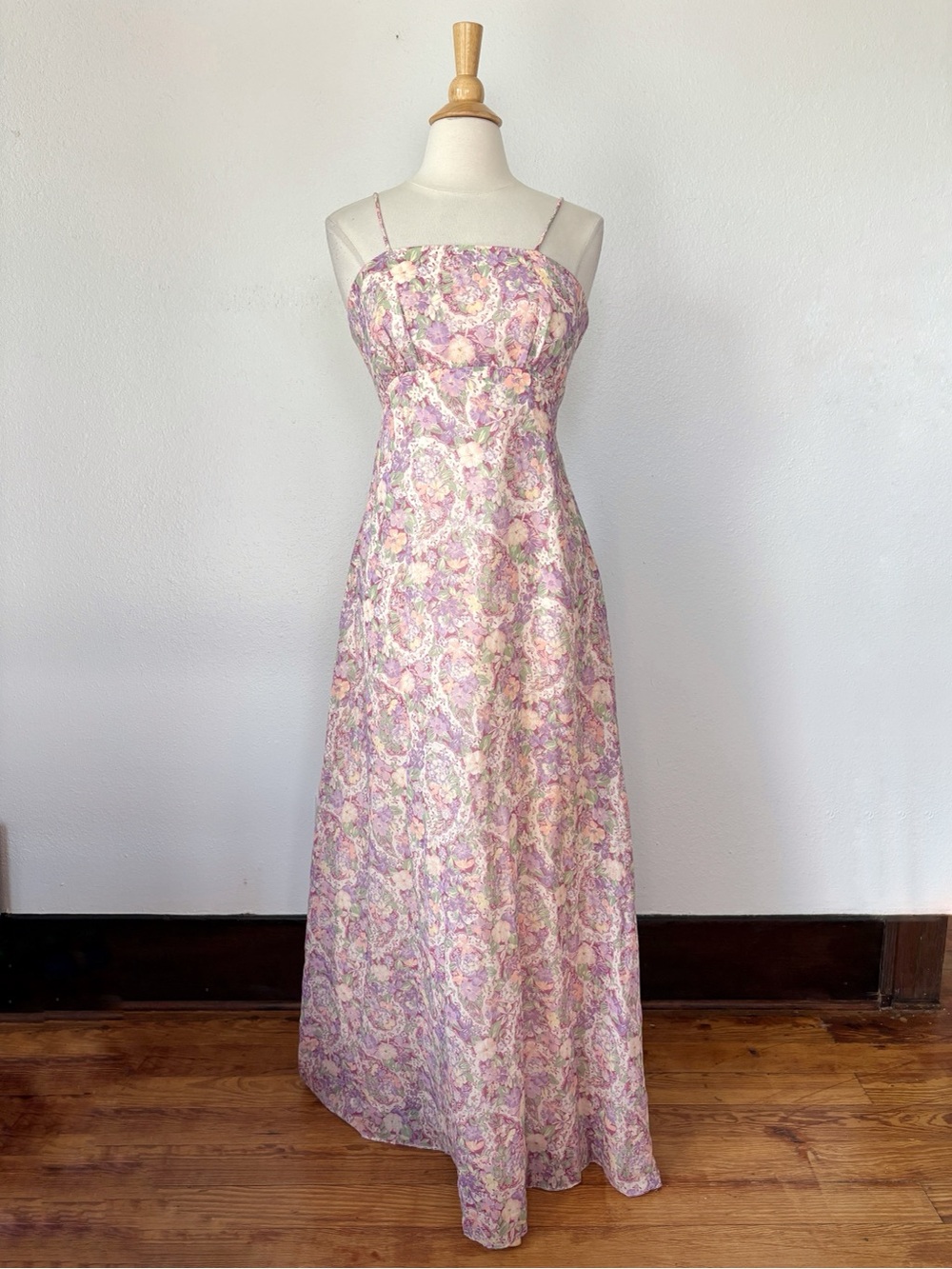 Vintage 70s Purple and Pink Sleeveless Floral Full Length Formal Dress